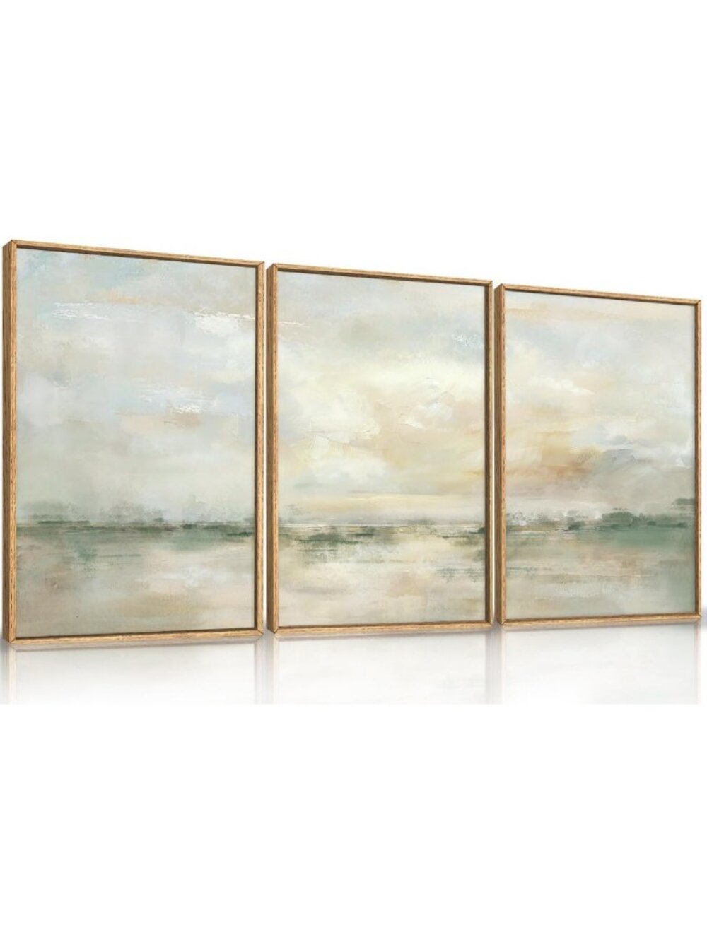 Large Abstract Green Gray Pastel Framed Canvas Art - Modern Watercolor Landscape